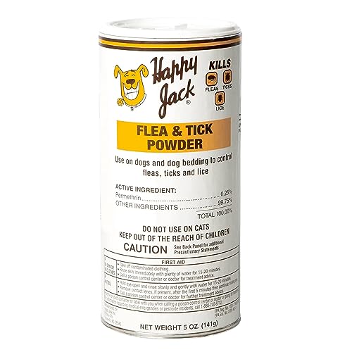 Happy Jack Flea and Tick Powder for Dogs & Puppies, Flea Treatment & Control, Kills Fleas, Ticks & Lice, Odorless & Non-Staining, Dust on Sleeping Quarters & Furniture (5 oz)