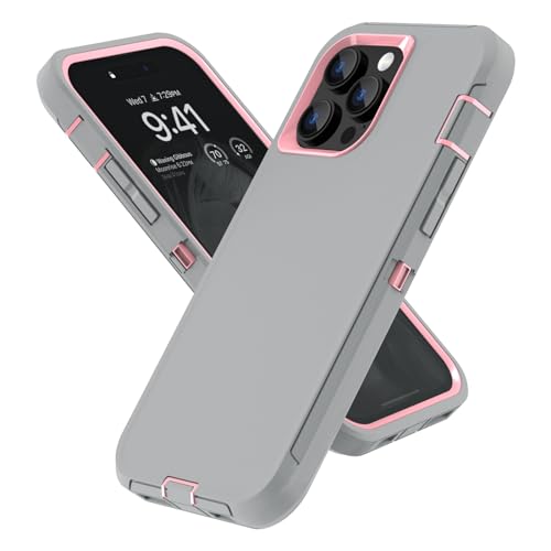 Sansunto Heavy Duty Shockproof 3 in 1 Silicone Rubber Hard PC Phone Case Cover for iPhone 12/13 Pro Max 6.7 Inch - Gray/Pink