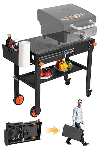 JiRiCHMi Outdoor Grill Table,Blackstone Griddle Stand,BBQ Prep Table With Wheels And Seasoning Tray,Universal Grill Cart Fit 17 Inch Or 22 Inch Griddle,Folds Flat Quickly Ninja Grill Stand