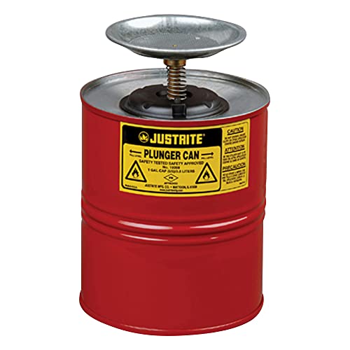 Justrite - 10308 1 Gallon Red Galvanized Steel Safety Plunger Can with 5" Dasher Plate and BrassRyton Plunger Assembly (for Flammables)
