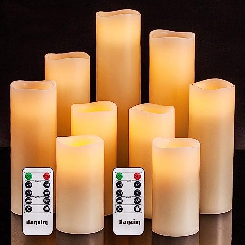 Flameless Flickering Battery Operated Candles 4" 5" 6" 7" 8" 9" Set of 9 Ivory Real Wax Pillar LED Candles with 10-Key Remote and Cycling 24 Hours Timer (Ivory)