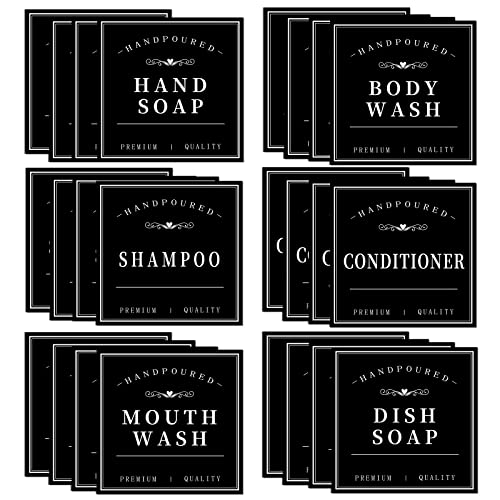 HVSWLY Waterproof Soap Labels for Bottles, Mouthwash Dispenser Label for Bathroom, Removable Self-Adhesive Stickers for Hand Soap, Dish Soap, Shampoo, Conditioner, Body Wash (24PCS,Black)