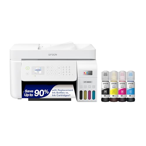 Epson EcoTank ET-4800 Wireless All-in-One Cartridge-Free Supertank Printer with Scanner, Copier, Fax, ADF and Ethernet  Ideal-for Your Home Office, White