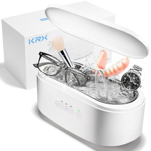 Ultrasonic Jewelry Cleaner, KRX 47kHz Portable Professional Ultrasonic Cleaner Machine with Touch Control & 4 Time Modes for Jewelry, Eyeglasses, All Dental, Retainer (White)