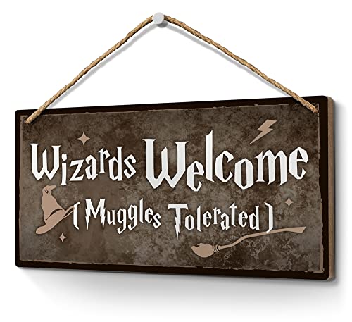 Heuhuww Wizards Welcome Muggles Tolerated Sign 6"x12" Room Decor,Home Decor,Wizardry Theme Door Wall Hanging Wood Plaques Magic Christmas Gifts