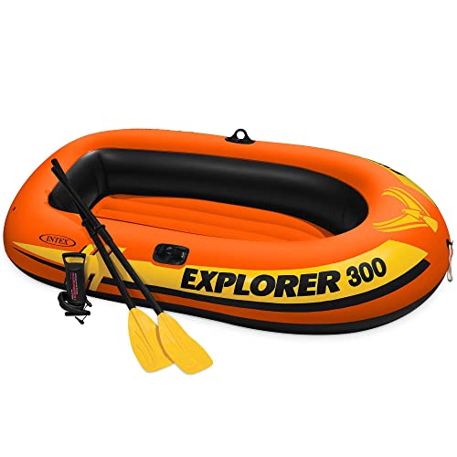 INTEX 58332EP Explorer 300 Inflatable Boat Set: Includes Deluxe Aluminum Oars and Mini Hand-Pump  3-Person  Dual Air Chambers  Grab Rope  410lb Weight Capacity