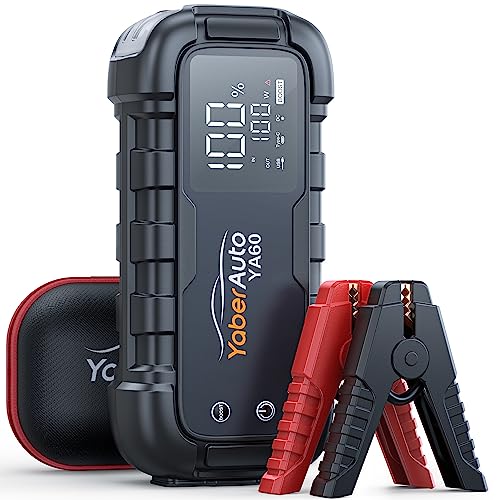 YaberAuto Car Battery Jump Starter 6000A Jump Box (All Gas/12.0L Diesel) Portable Car Jump Starter Battery Pack, Car Battery Jumper with Extended Jumper Cables, 45W Fast Charging, 600 Lumens Light