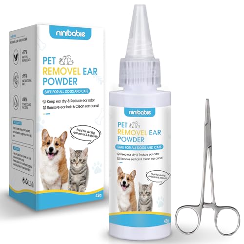 Ninibabie Dog Ear Cleaner,Dog Ear Powder for Hair Removal 42g,Dog Ear Infection Treatment with Pet Ear/Nose Hair Puller Grooming Hemostat,Remove Ear Wax&Odor in Pets