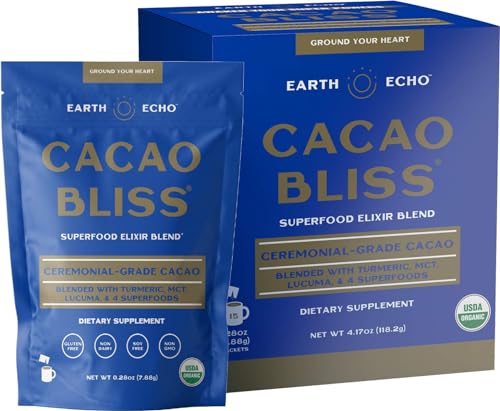 Earth Echo: Cacao Bliss - Organic Chocolate Cocoa Powder Mix with Cinnamon, Turmeric, MCT Oil and Lucuma for Hot Cocoa, Smoothies and More - 15 Travel-Sized Servings