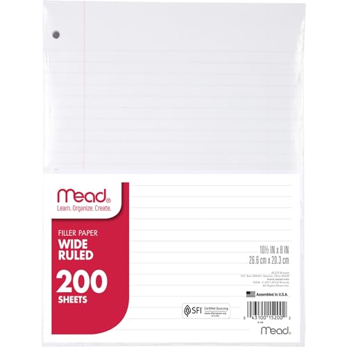 Mead Loose Leaf Paper, Notebook Paper, Wide Ruled Filler Paper, Standard, 8 x 10.5, 200 Sheets (15200) White