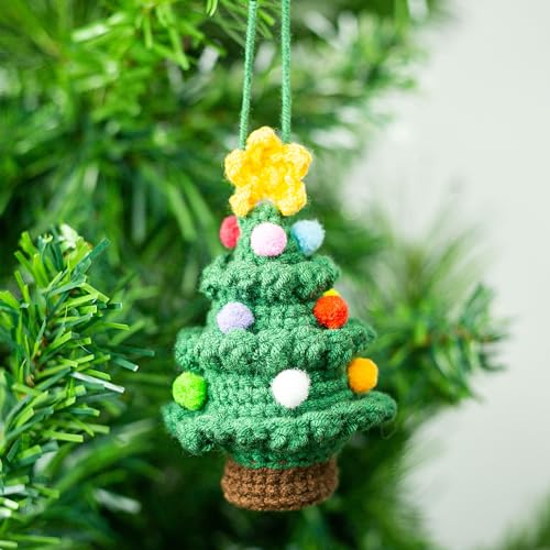 VieCorner Christmas Tree Handmade Crochet Christmas Ornament, Christmas Tree Knitted Rear View Mirror Accessories, Christmas Tree Home Decor, Woven Rearview Hanging Charm, Car Ornament, Xmas Gift