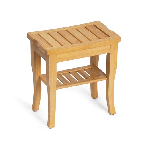 BEKVEM Bamboo Shower Bench, Spa Small Shower Stool for Inside Shower Waterproof, Bathroom Bench Seat with Storage Shelf for Adults Elderly Seniors, Wood Chair for Indoor or Outdoor Use, Natural