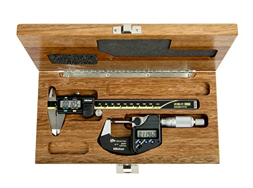 Mitutoyo 64PKA076B Digimatic Tool Kit, Non-Output, Includes Caliper, 500-196-30 (0-6/0-150mm, 0005 / 0.01mm), Micrometer, 293-340-30 (0-1/0-25mm, 00005/0.001mm), and a Mahogany case.
