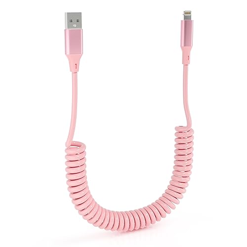 Coiled iPhone Lightning Cable Apple Carplay Cord, MFi Certified 6FT USB to Lightning Car Charger Cable Pink Short Curly with Data Sync, for iPhone 14 13 12 11 Pro Max Plus Mini SE XS XR X 8 7 6 5