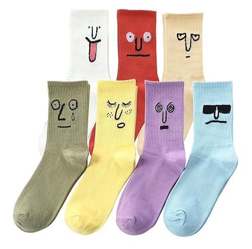 OurSuperDeals Cool Funky fun Silly Socks for Men Women Teens Graphic Funny Cute Face Novelty Weird Cotton Crew Colorful Socks (as1, alpha, l, 7 Pairs mood face socks)