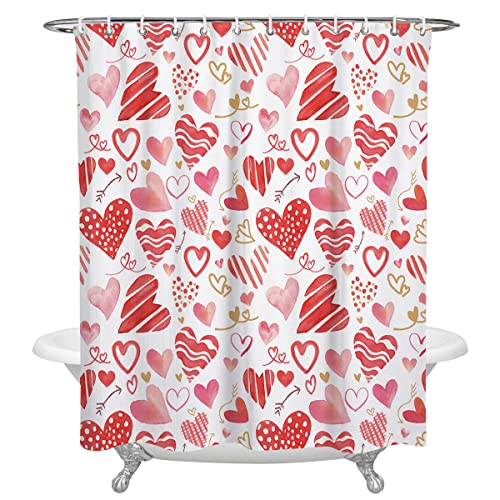 BestLives Valentines Shower Curtain Love Heart Pink Red Bath Curtain Watercolor Romantic Arrow Waterproof Polyester Fabric Bathroom Curtain with 12 Hooks Valentines Day Decoration 72 x 72 Inches