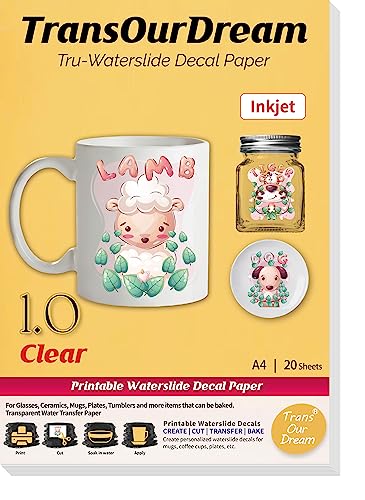 TransOurDream WaterSlide Decal Paper Inkjet CLEAR (20 Sheets, A4 Size) Transparent Water Slide Transfer Paper Printable Waterslide Decals for Tumblers, Mugs, Glasses, Ceramics (TRANS-016)