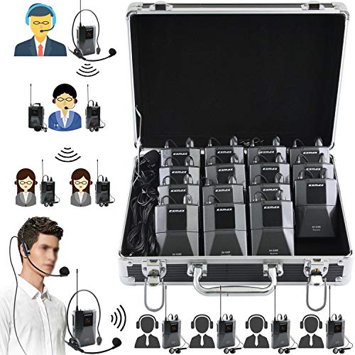 EXMAX EX-938 Wireless Headset Microphone Audio Tour Guide System for Church Translation Teaching Travel Simultaneous Interpretation.(1 Transmitter 14 Receivers with Black Aluninum Storage Case)