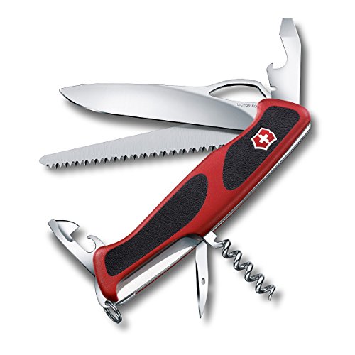 Victorinox Ranger Grip Swiss Army Knife, 12 Function Swiss Made Pocket Knife with Wood Saw, Large Lock Blade and Toothpick - Ranger 79 Grip Red/Black