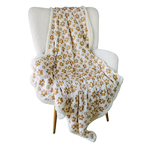 Longrich Flannel Paw Print & Ultra Soft Sherpa Throw Blanket, 50" W X 60" W, Golden Pawsen