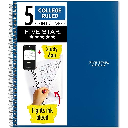 Five Star Spiral Notebook + Study App, 5 Subject, College Ruled Paper, Fights Ink Bleed, Water Resistant Cover, 8-1/2" x 11", 200 Sheets, Blue (73635)