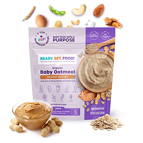 Ready, Set, Food! Organic Baby Oatmeal Cereal | Peanut Butter - 1 pack | Organic Baby Food with 9 Top Allergens: Peanut, Egg, Milk, Cashew, Almond, Walnut, Sesame, Soy & Wheat | Unsweetened | Fortified with Iron