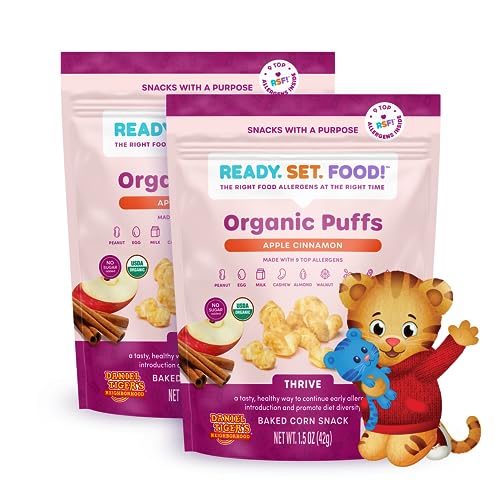 Ready, Set, Food! Organic Puffs | Daniel Tiger Apple Cinnamon (2 Pack) | Organic Baby Toddler Puffs with 9 Top Allergens | No Sugar Added