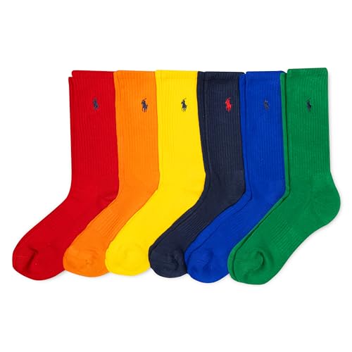 POLO RALPH LAUREN Mens Classic Sport Solid Socks 6 Pair Pack Athletic Arch Support And Comfort Cushioning Cotton Multi-Color, Cotton Multi-color, 6-12.5 US