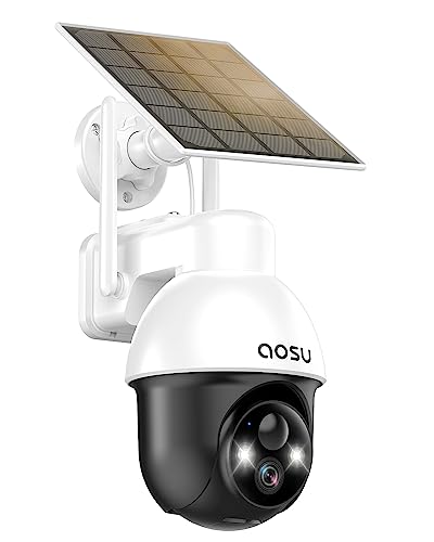 AOSU Solar Security Camera Wireless Outdoor with Panoramic PTZ, Human Auto Tracking, 2K Night Vision, Light and Sound Alarm, 2-Way Audio, Compatible with Alexa/Google Assistant for Home Surveillance