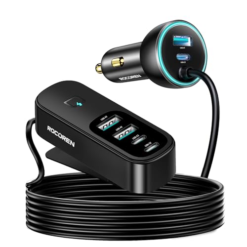 Rocoren 105W USB C Car Charger 6-Port for Family Travel, PD 35W & QC3.0 30W Super Fast Charging for Multiple Devices, Cigarette Lighter USB Charger with 5FT Cable for iPhone 15, iPad Pro, Samsung S24