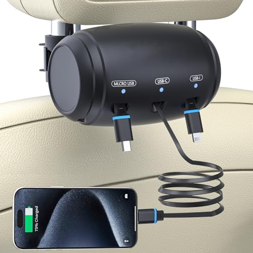 MAGJIEYX for Multi Retractable Car Charging Station Box, 3 in 1 Headrest Fast Power Charging Dock Cord USB Type C Fits iPhone15 14/iPad/Android/Samsung|Uber Lyft Backseat Passengers Share Rid