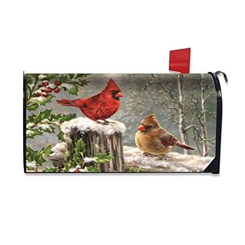 Winter Cardinal Birds Mailbox Cover Holly Berry Branches Snow Mailbox Covers Winter Magnetic Mailbox for Garden Home Christmas Wraps Post Letter Box Cover Decorations Standard Size 18" X 21"