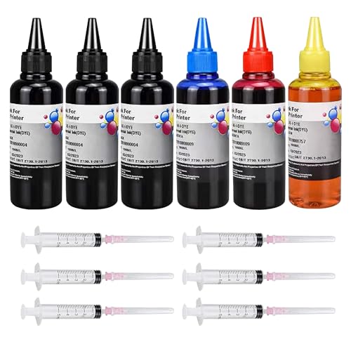 AYMSous 6-Pack Universal Dye Ink Refill Kit for All HP Canon Epsn Brother Printers Compatible Cartridges Refillable Cartridge CISS CIS System with 6 Syringes(6x100ML 3BK, 1C. 1M, 1Y)