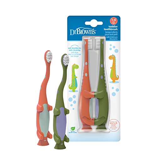 Dr. Brown's Baby and Toddler Toothbrush, Green and Orange Dinosaur 2-Pack, 1-4 Years