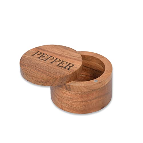 EDHAS Acacia Wood Round Spice Cellar with Swivel Lids Wood Salt or Spice Box for Kitchen Countertop PEPPER Engraved on Lid (3.5 x 3.5 x 2.5)