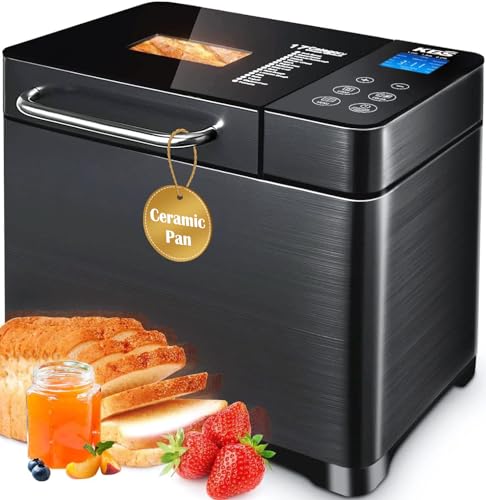 KBS Bread Maker-710W Dual Heaters, 17-in-1 Bread Machine Stainless Steel with Auto Nut Dispenser&Ceramic Pan, Gluten-Free, Dough Maker,Jam,Yogurt PROG, Touch Panel, 3 Loaf Sizes 3 Crust Colors,Recipes