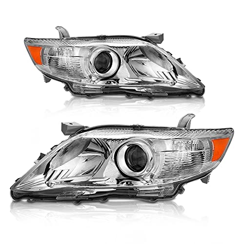 AS 2010 2011 Toyota Camry Headlight Assembly Replacement for 10-11 Toyota Camry Base/LE/XLE Sedan Projector Chrome Housing Amber Reflector Clear Lens Pair