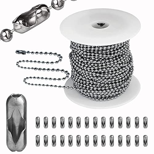 Stainless Steel Ball Chain, Necklace Chain Ball Bead, 55ft Bead Chain Ball Chain Bulk Bead Chain with 100 Pcs Matching Connectors Clasps for Necklace Hanging, Dog Tag, DIY Crafts, 2.0mm Diameter