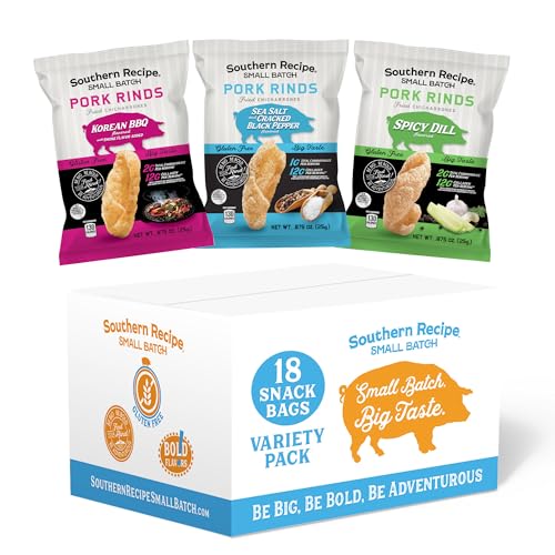 Pork Rinds Variety Pack | Salt & Pepper, Korean BBQ, & Spicy Dill | Southern Recipe Small Batch Chicharrones | Keto Friendly & Low Carb | Snack Bag (18 Count)