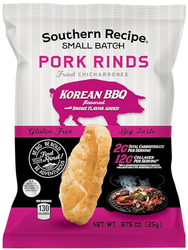 Southern Recipe Small Batch Pork Rinds | Korean BBQ Chicharrones | Keto Friendly & Low-Carb | 0.87oz Snack Bag (Pack of 21)