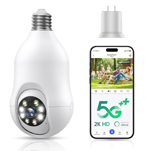 COMBATH Light Bulb Security Camera, 5G/2.4GHz WiFi 2K Light Bulb Cameras Outdoor Indoor with E27 Socket, Motion Detection and Siren Alarm,Two-Way Talk,Color Night Vision,Compatible with Alexa
