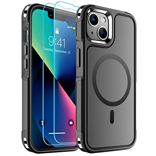 SUPFINE Magnetic for iPhone 13 Case [Compatible with MagSafe][10 FT Military Grade Drop Protection] [2+Tempered Glass Screen Protector] Non-Slip Heavy Duty Full-Body Shockproof Phone Case,Black