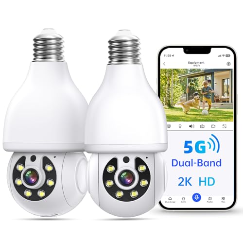 Light Bulb Security Camera, 5G/2.4G WiFi Security Cameras Wireless Outdoor with Motion Detection and Alarm, Two-Way Talk, Color Night Vision, Human Detection, Bulb Camera Work with Alex (2 Pack)