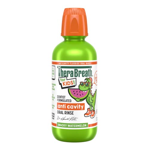 TheraBreath Kids Organic Wacky Watermelon Mouthwash with Fluoride, Anticavity, Dentist Formulated, 16 Fl Oz