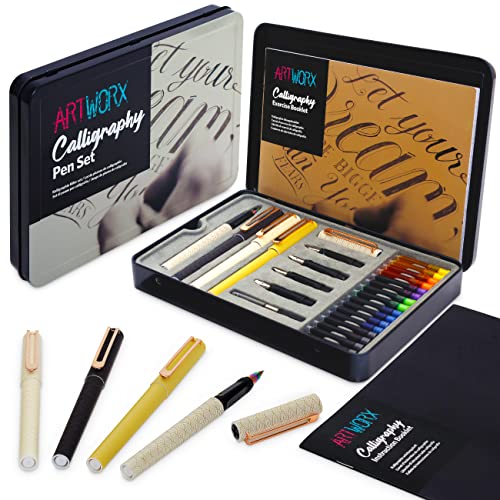 Artworx Calligraphy Pens Set - Introductory Caligraphy Writing & Hand Lettering Kit - Includes Instructions, Guide Book and Practice Book - Calligraphy Set For Beginners