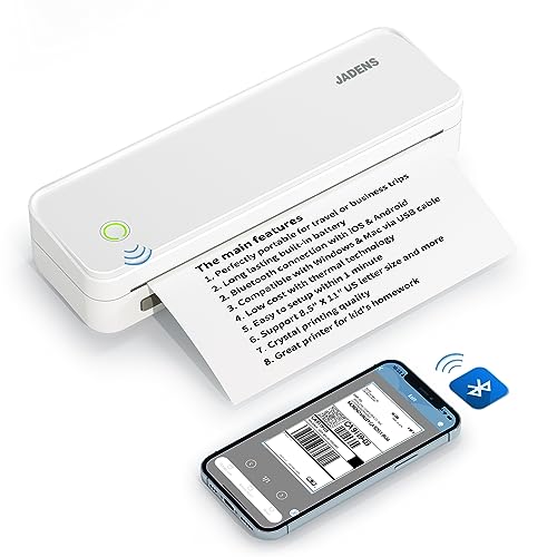 JADENS Portable Printers Wireless for Travel, Support 8.5" X 11" US Letter, Bluetooth Thermal Printer Compatible with iOS, Android & Laptop, Inkless Mobile Printer for Office, Home, School