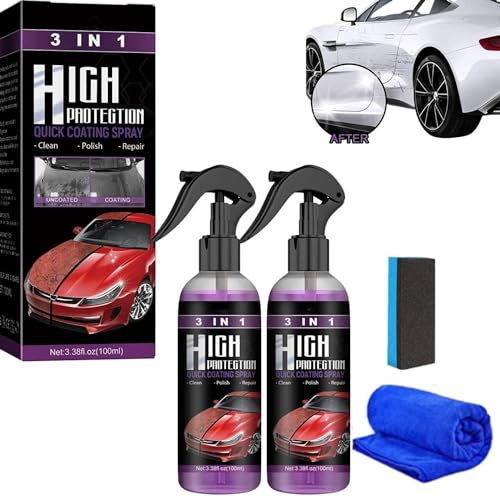 2PCS 3 in 1 High Protection Car Coating Cleaning Spray, High ProtectionQuick Coat Car Wax Polish Spray,Car Scratch Repair Spray, Easy to use and Clean, Fast car Coating Spray (Sponge + Cloth)
