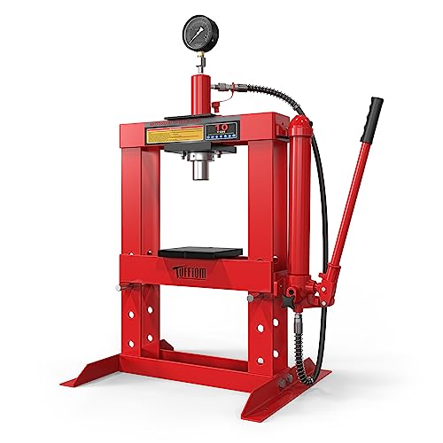 TUFFIOM 10-Ton Hydraulic Shop Press with Pressure Gauge & Press Plates, H-Frame Garage Shop Benchtop Press, Adjustable Working Table Height, Red