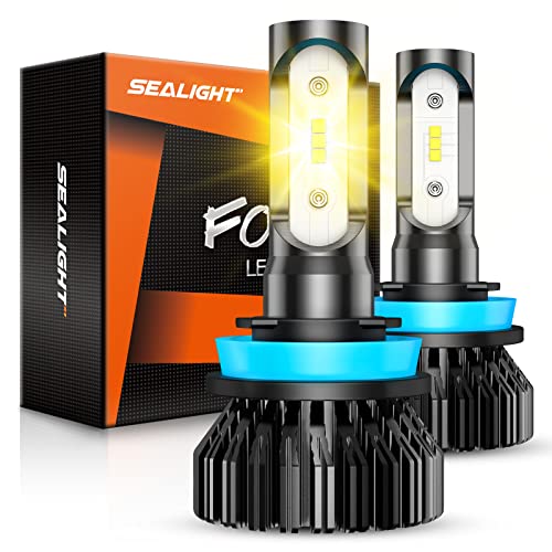 SEALIGHT H11 Yellow LED Fog Light Bulb or DRL, 400% Much Brighter Amber Fog Lights LED 6000 Lumens 3000K Amber Yellow Light, 12 CSP LED Chips, Plug-and-Play, IP67 Design