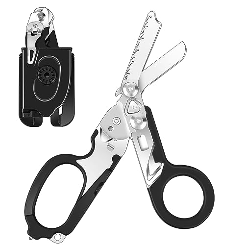 Awaiymi 6 In 1 Multifunctional Trauma Shears, Emergency Response Shears Stainless Steel Foldable Shears With Holster,Medical Trauma Shears Foldable With Strap Cutter black